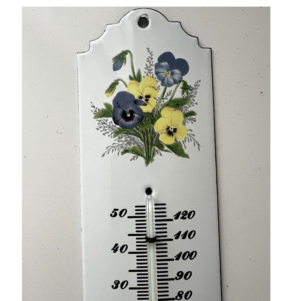Vintage Glass Analogue Thermometer Pansies Floral Design Excellent
